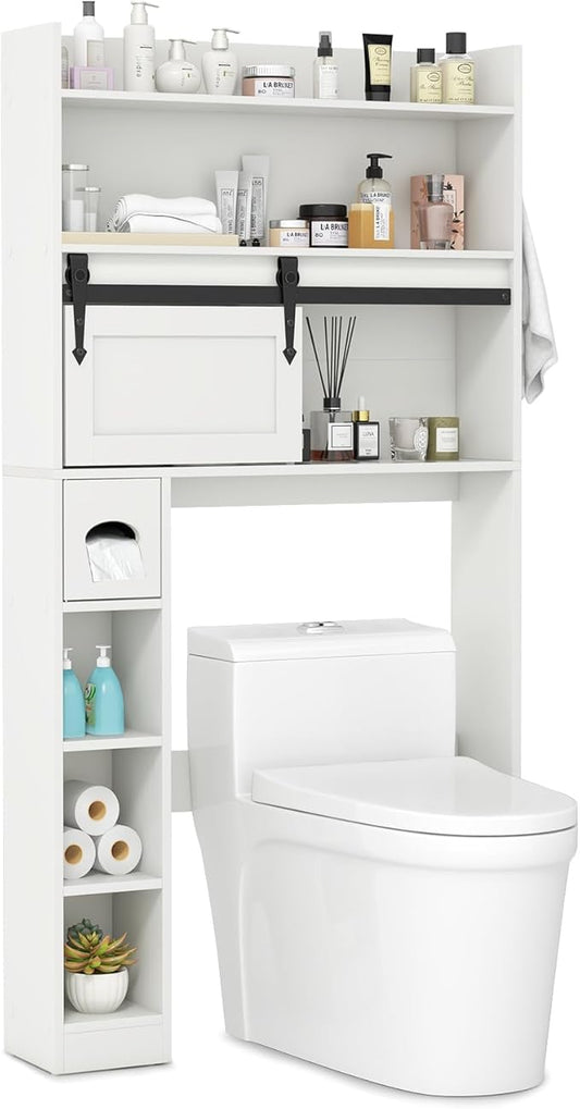 Tangkula Over The Toilet Storage Cabinet, Farmhouse Freestanding Above Toilet Rack w/Sliding Barn Door, Adjustable Shelves, Toilet Paper Holder, 2 Hooks, Bathroom Space Saver (Retro, White)