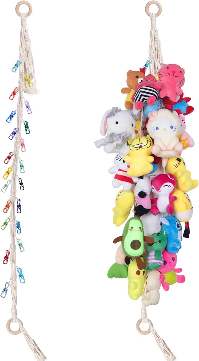 Stuffed Animal Storage Chain 78inch Hanging Stuff Animals Organizer with 20 Clips Macrame Wall Toy Storage Decor for Bedroom Display