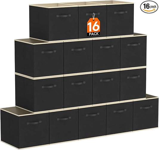 Lifewit Storage Cubes, Foldable Decorative Fabric Storage Baskets for Organizing Home Organizers with Handles for Shelves, Closet, 11 Inch Bins, 18L Black, 16 Packs