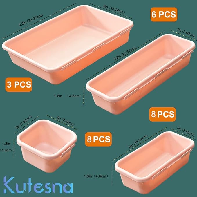 25 PCS Pink Drawer Organizer Set, 4 Size Interlocking Plastic Storage Bins for Office Supplies, Jewelry Makeup Vanity, Bathroom Kitchen, Home Organization Closet, Gadgets Small Items