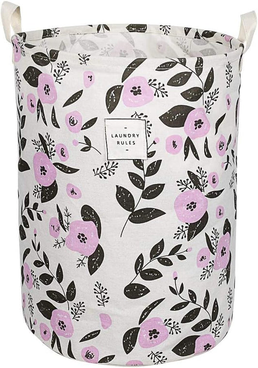 UUJOLY Collapsible Laundry Basket, Laundry Hamper with Handles Waterproof Round Cotton Linen Laundry Hamper Printing Household Organizer Basket, 19.7x15.7 inches, Purple