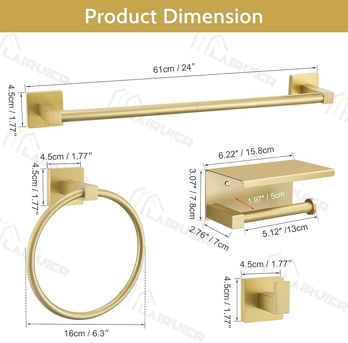 5-Piece Bathroom Hardware Set Brushed Gold Bathroom Hardware Accessories Set Upgraded Toilet Paper Holder with Shelf Towel Holder Set for Bathroom Stainless Steel Wall Mounted