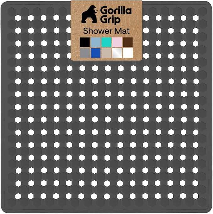 GORILLA GRIP Patented Square Shower Stall Mat, Small Bathtub Floor Mats for Stand Up Showers, Suction Cups and Drain Holes, Machine Wash, Soft on Feet, Bathroom Accessories 21x21 Inch, Charcoal Opaque