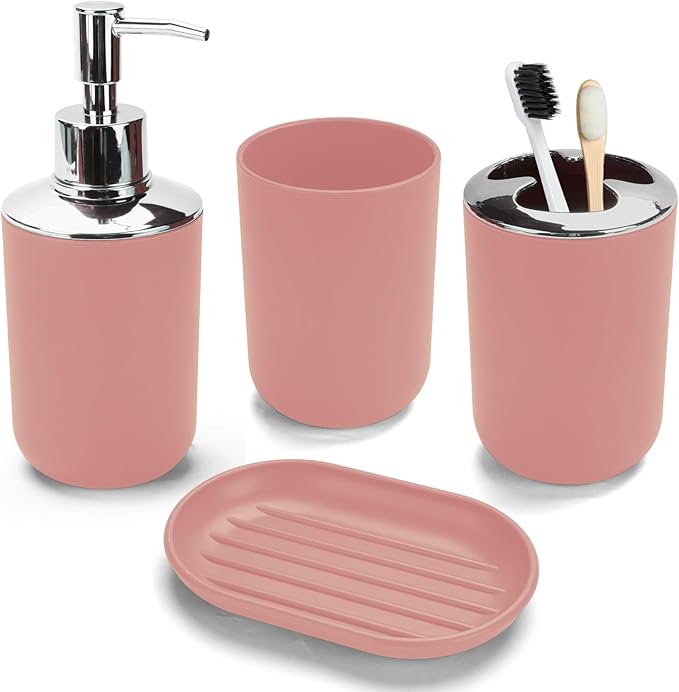 4 Pcs Pink Bathroom Accessories Set,Bohemian Bathroom Toothbrush Holder Set.Include Soap Dispenser, Soap Dish, Toothbrush Holder, Mouthwash Cup, Modern Bahtroom Decor Set