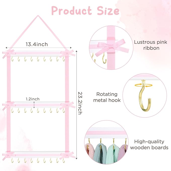 POVETIRE Headband Holder for Baby Girls, Hanging Headband Organizer Nylon Hairband Storage, Wall Hair Accessories Organizer Display for Nursery Room Decor
