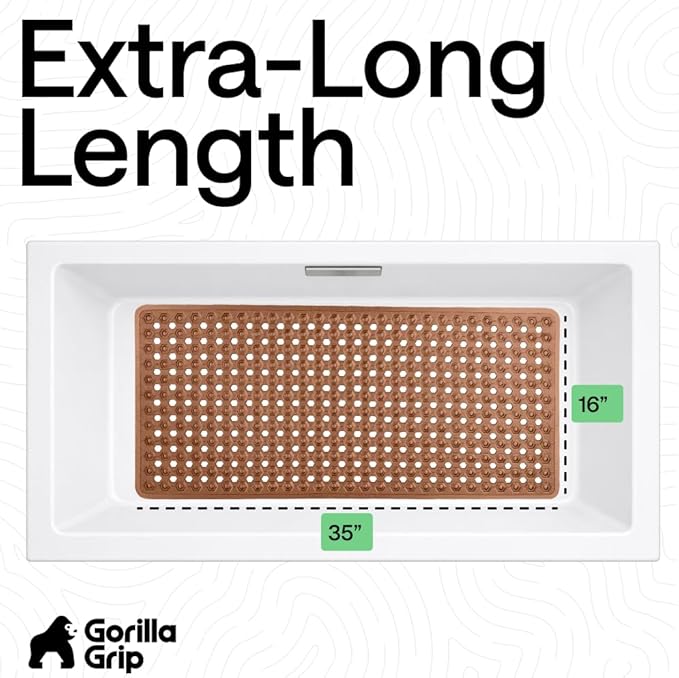GORILLA GRIP Patented Bath Tub Shower Mat, Machine Washable Bathtub Floor Liner Mats, Suction Cups and Drain Holes to Keep Tubs Clean, Soft on Feet, Bathroom Essentials, 35x16 Inch, Brown