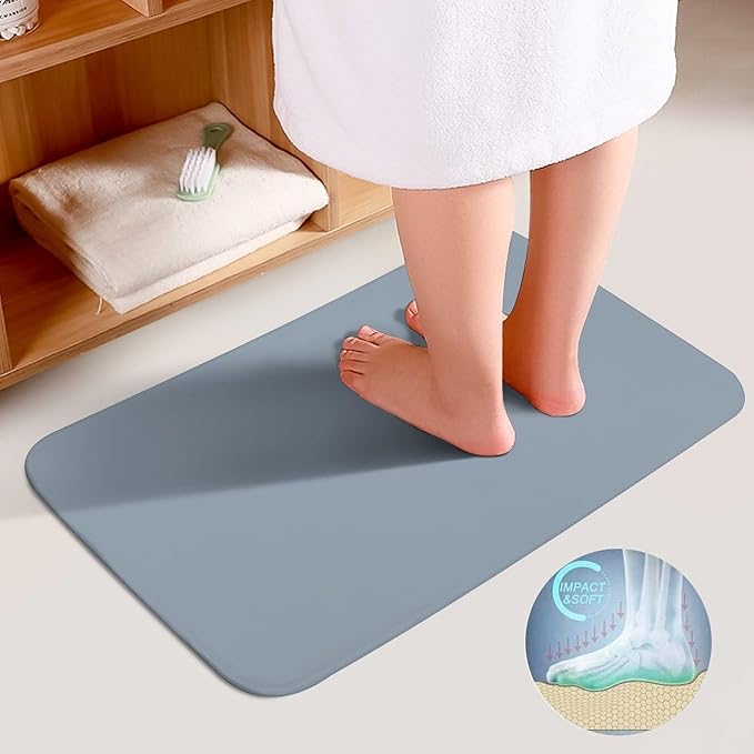 3 Pieces Bath Rug Sets, Dusty Blue Color Bathroom Mat Set Non Slip U Shaped Contour Rug & Toilet Lid Cover