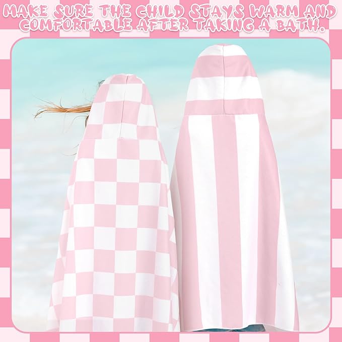 2 Pcs Kids Hooded Bath Towel 50" x 30" Kids Hooded Beach Bath Towels Pink Microfiber Toddlers Towels Pool Beach Towel Wrap for 3-12 Years Girls Toddlers Swimming Cover up 2 Design(Stripe)