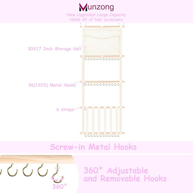 Munzong bow holder for girls hair bows 52x17 inch, Beige Hair Bow Clip Organizer for Baby Girls,Hair Accessories Storage Hanger for Toddler Kids Nursery Room Decor