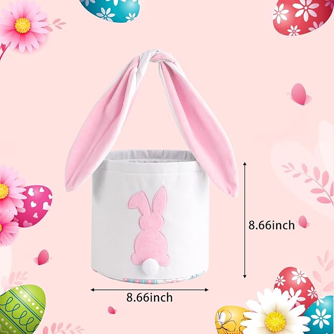 MONOBLANKS Easter Bunny Basket Bags Carrying Gift and Eggs Hunt Bag,Rabbit Canvas Toys Bucket Tote (A-Pink)