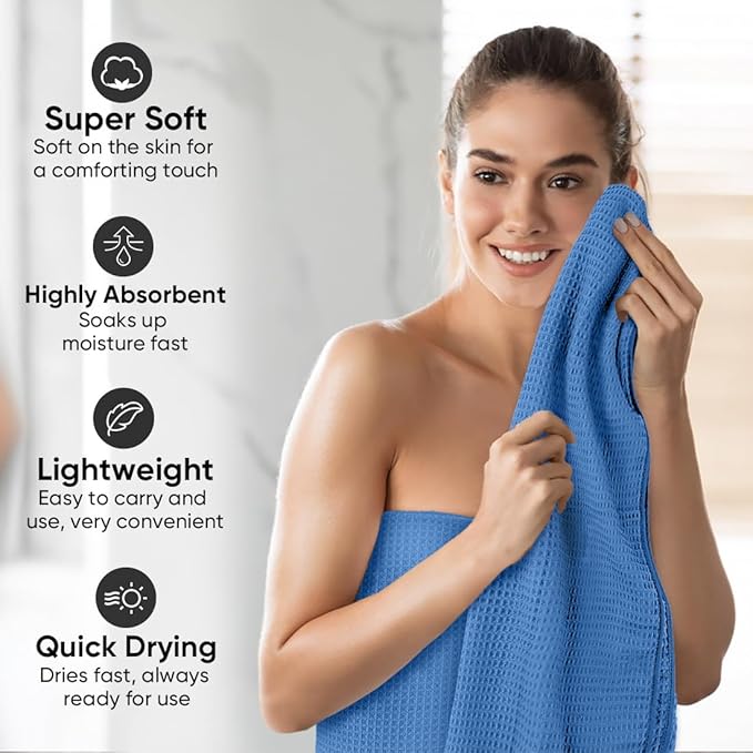 HOMEXCEL Blue Waffle Bath Towels 4 Pack, Premium Microfiber Bath Towels, Ultra Soft, Lightweight, Highly Absorbent Quick Dry Towel for Bathroom, Gym, Shower, Hotel and Spa, 30 x 60 Inch