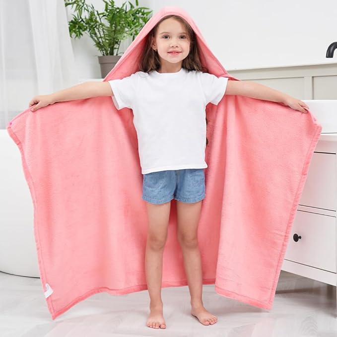 Hiturbo Kids Hooded Bath Towel: Soft Plush Pool Beach Fleece Towel Blanket - 50"x30" Toddler Towels Wrap for Boys Girls 3-12 Years (Pink)