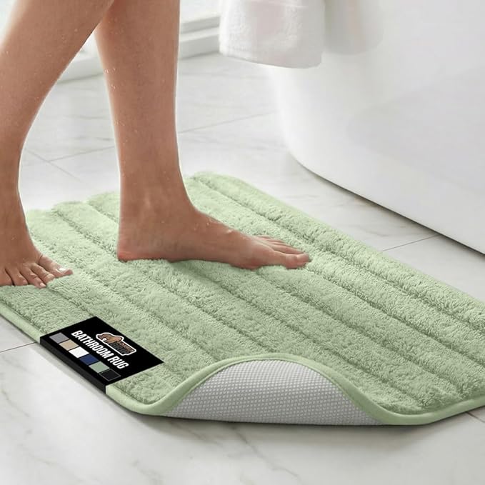 GORILLA GRIP Textured Backing Bathroom Rugs, Soft Memory Foam Absorbent Striped Bath Mats, Machine Washable & Fade Resistant, Bathmat Accessories for Floor, Home Decor Shower Essentials, Sage 40x24