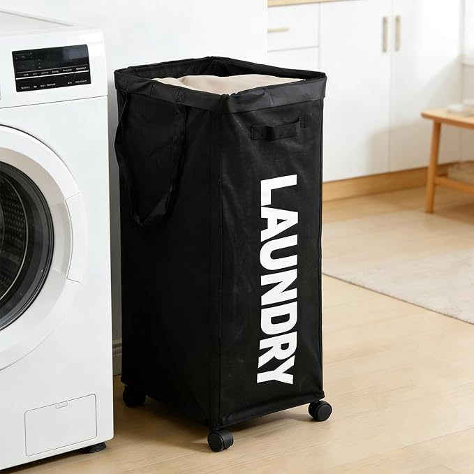 90L Laundry Basket with Wheels,Laundry Hamper with Removable Wash Bag, Rolling Clothes Hamper, Foldable Dirty Clothes Basket on wheels for Bedroom, Dorm, Laundry Room, Black