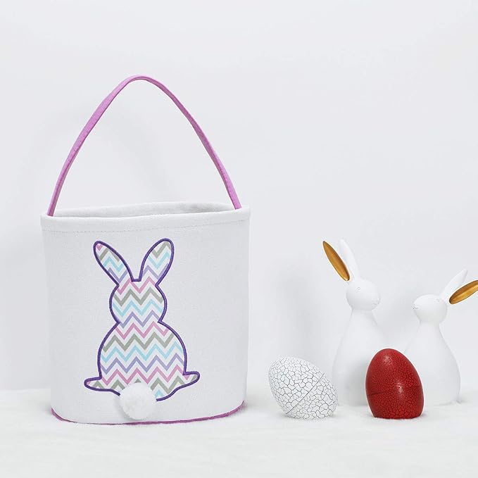 MONOBLANKS Easter Bunny Basket Bags, Rabbit Bucket Tote for Easter Egg Hunts Decorations Candy Gifts Storage (Purple(wave))