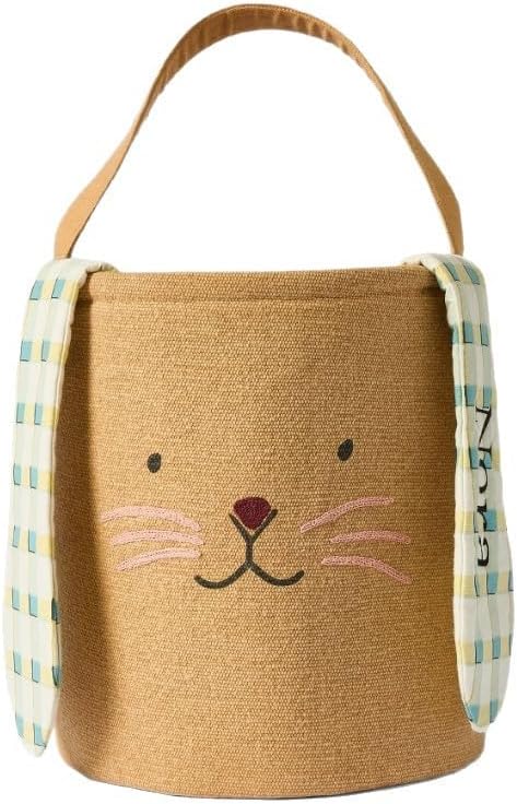 Cute Burlap Bunny Easter Basket, Large Canvas Gift Tote with 3D Plaid Ears for Egg Hunt and Party Decor, Springtime (Brown)