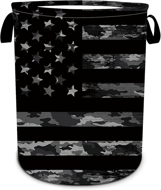Black Camo USA Flag Laundry Basket, Foldable Waterproof Oxford Cloth Laundry Hamper Funny Tote Bag Dirty Clothes Storage Bucket Toy Organizer for Bathroom/Laundry/Bedroom 15.7"x19.6"