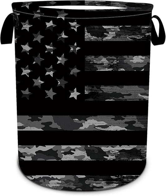 Black Camo USA Flag Laundry Basket, Foldable Waterproof Oxford Cloth Laundry Hamper Funny Tote Bag Dirty Clothes Storage Bucket Toy Organizer for Bathroom/Laundry/Bedroom 15.7"x19.6"