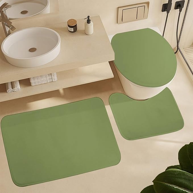 3 Pieces Bath Rug Sets, Light Green Trend Color Bathroom Mat Set Non Slip U Shaped Contour Rug & Toilet Lid Cover