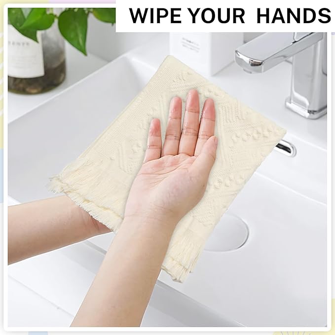 4-Pack Luxury Decorative Cotton Hand Towels for Bathroom Super Absorbent with Jacquard Weave&Fringe – 13x29.1" Beige Boho Hand Towel Set,Soft Face Towel for Boho Bathroom Decor Kitchen Hotel Spa Guest