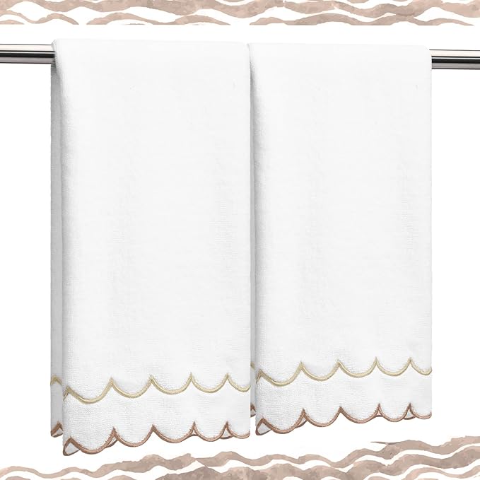 2 Pcs Scalloped Hand Towels 100% Cotton Fingertip Towels for Bathroom 15.75 x 27.56 Inch 600 GSM Cute Soft Absorbent Embroidered Decorative for Home Hotel(Brown,Classic)