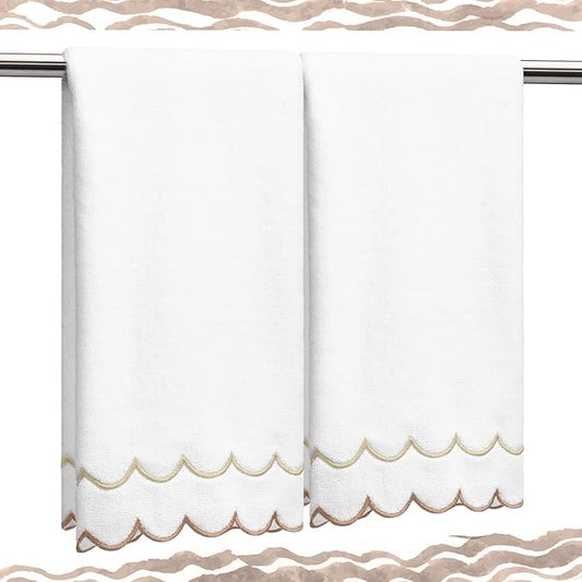 2 Pcs Scalloped Hand Towels 100% Cotton Fingertip Towels for Bathroom 15.75 x 27.56 Inch 600 GSM Cute Soft Absorbent Embroidered Decorative for Home Hotel(Brown,Classic)