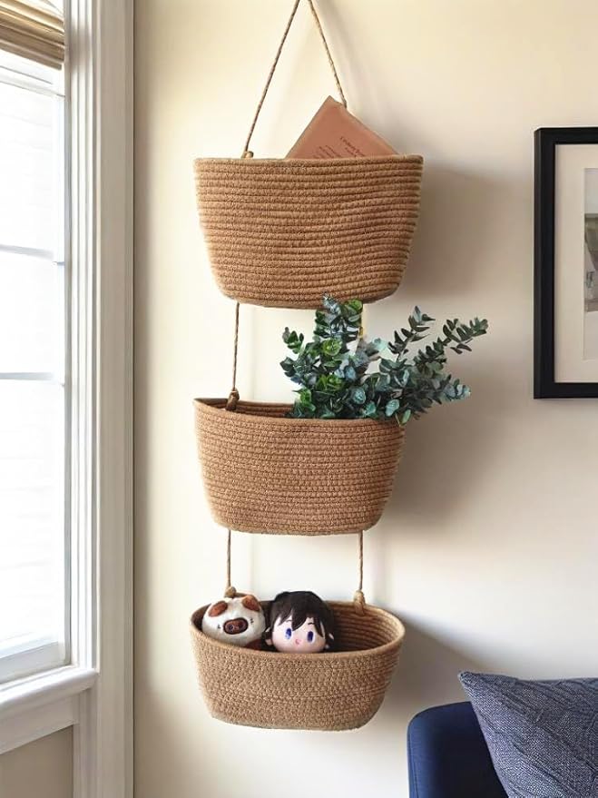 Over The Door Hanging Basket, 3 Tier Cotton Rope Woven Wall Basket, Magazine Racks Hanging Organizer, Decorative Hanging Storage Baskets for Organizing Living Room, Bathroom and Bedroom (Brown)