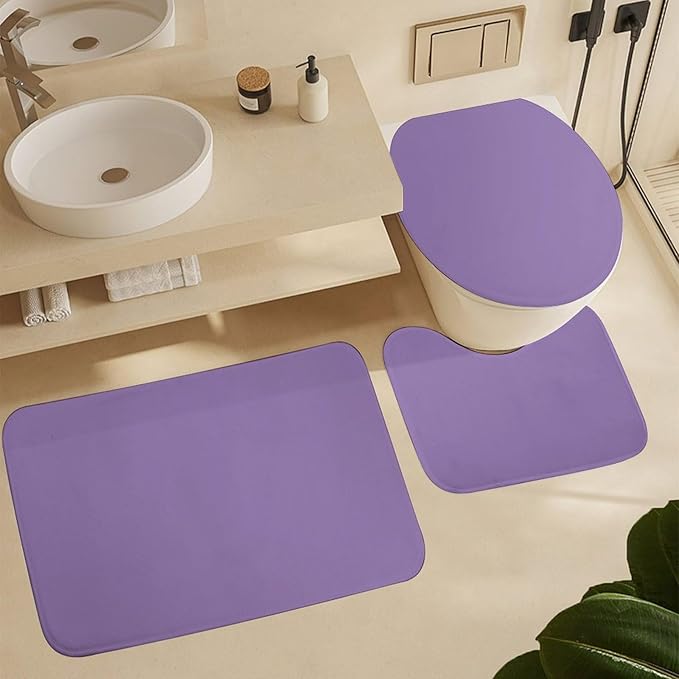3 Pieces Bath Rug Sets, Purple Lavender Trend Color Bathroom Mat Set Non Slip U Shaped Contour Rug & Toilet Lid Cover