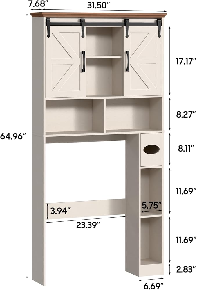 Over The Toilet Storage Cabinet,Farmhouse Space-Saving Toilet Rack With 2 Sliding Barn Doors,Bathroom Organizer with Toilet Paper Holder Stand & Storage Shelves,for Laundry, Restroom, Bathroom