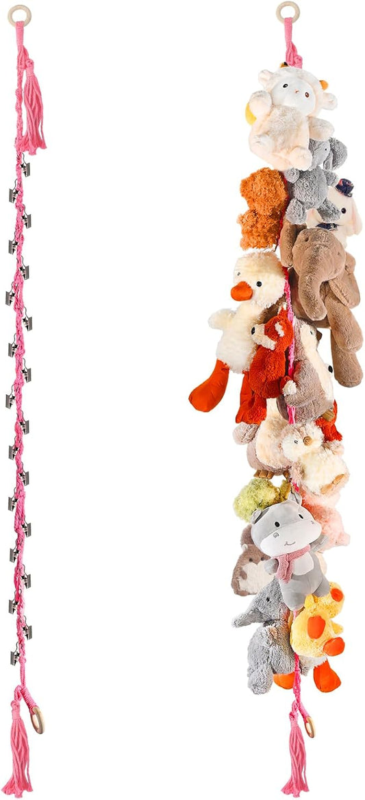 1/2 pcs 80" Cotton Hanging Storage Chain for Stuffed Animals Storage with 20 Metal Clips, Stuffed Animal Organizer Chain for Wall Corner Nursery Play Room, Pink