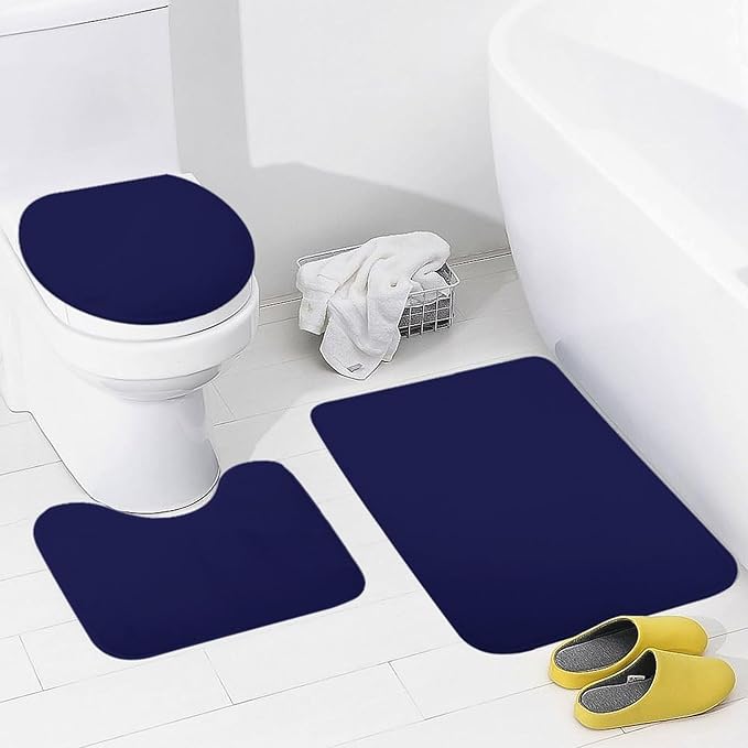 3 Pieces Bath Rug Sets, Solid Navy Blue Bathroom Mat Set Non Slip U Shaped Contour Rug & Toilet Lid Cover