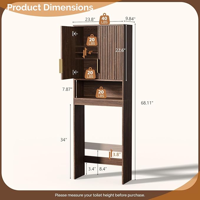 VINGLI Over The Toilet Storage Cabinet, Mid Century Modern Bathroom Organizer with Fluted Doors, Freestanding Wooden Space Saver Stand with Adjustable Shelves for Laundry, Dark Walnut