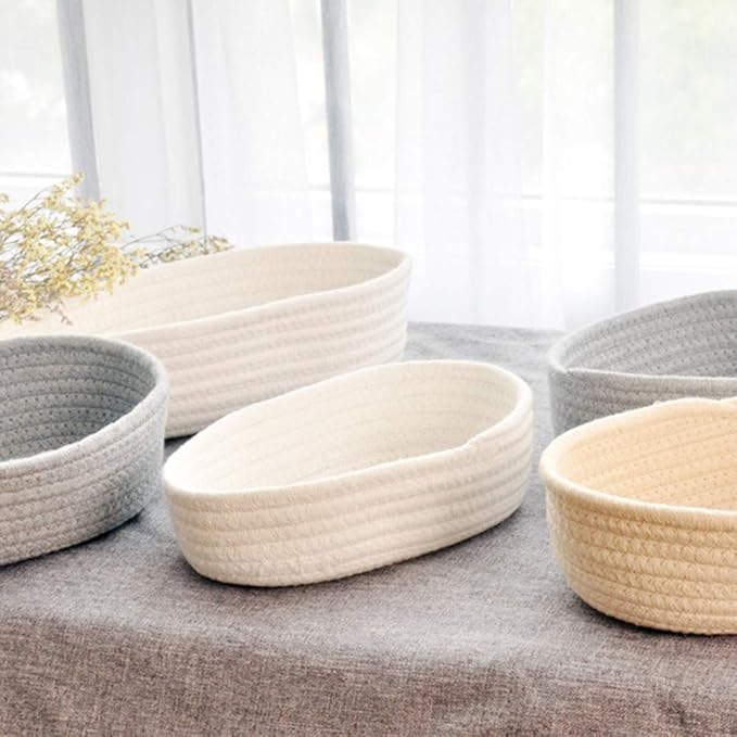 Cotton Rope Handmade Woven Home Storage Household Candy Toys Storage Basket Sundries Collection Box Candy Snack Food Tray SML Pack of 3 (Oval, White)