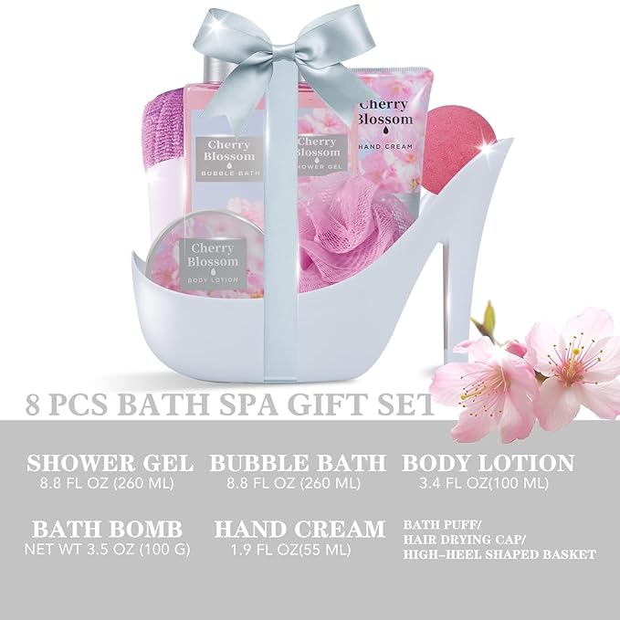 Spa Luxetique Valentines Day Gifts for Women 8pcs High Heel Gift Set for Women Elegant Cherry Blossom Spa Gifts for Womens Birthday Gifts for Womens Wife Sister Girlfriend Friend