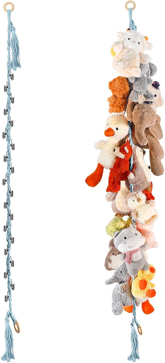 80" Cotton Hanging Storage Chain For Stuffed Animals Storage with 40 Metal Clips, Stuffed Animal Organizer Chain for Wall Corner Nursery Play Room, Baby Blue