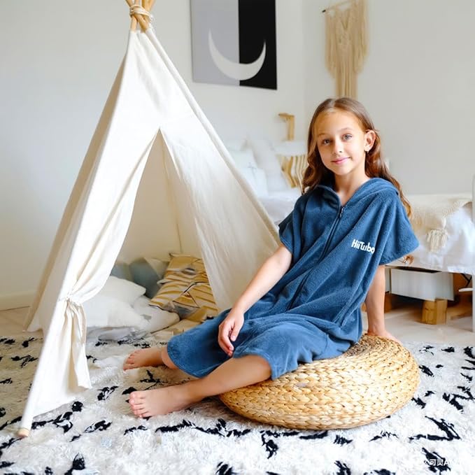 Hiturbo Kids Bath Towel Hoodie: Absorbent Quick Dry Zipper Surf Poncho - Changing Towels Swimming Outerwear (Navy Blue)