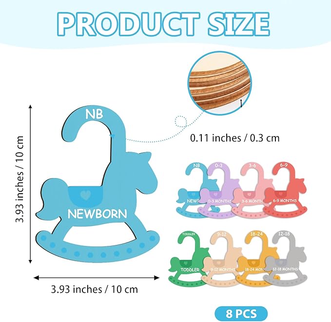 Baby Clothes Dividers for Closet - Set of 8 Wooden Baby Size Closet Dividers Newborn to 24 Months, Newborn Organizer for Boys & Girls - Rocking Horse Theme Baby Nursery Decor Kit New Parents Gifts