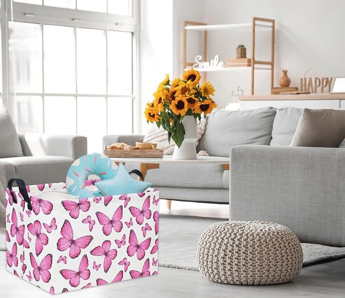 HIYAGON Rectangular Butterfly Pink Kids Storage Basket - Baby Girl Basket Toy Storage Bin Organizer Box Rainbow Room Decor