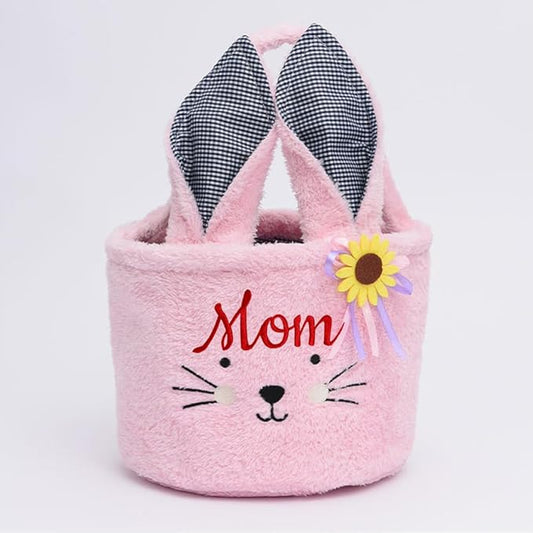 Personalized Easter Bunny Basket Bulk for Kids Pink Plush Easter Bunny Basket with Handle Egg Hunting Basket for Used for Resurrection Party Supplies