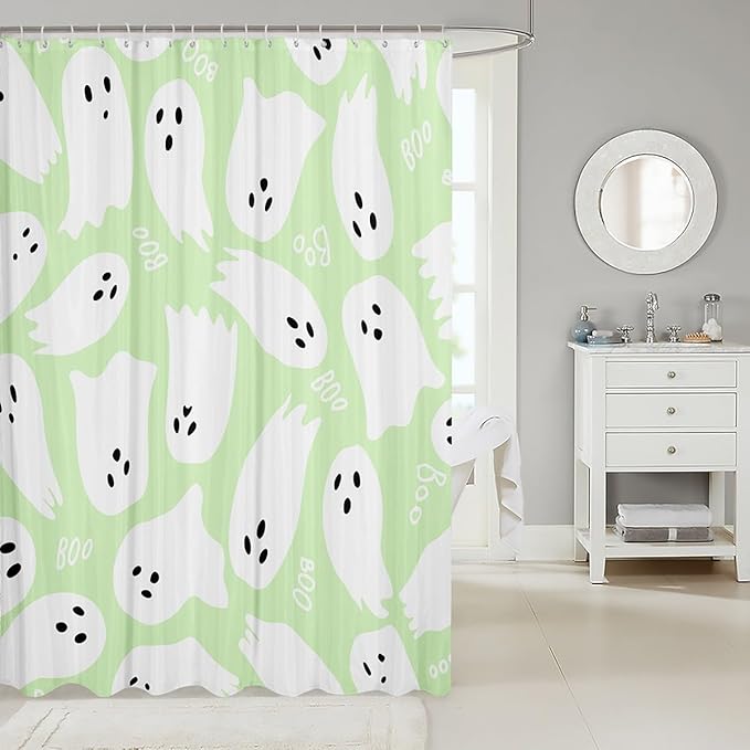 Halloween Shower Curtain,White Green Watercolor Hand Draw Print Decorative Bath Curtain,Cartoon Ghost Home Bathroom Decor Polyester Fabric Waterproof 72 x 84 Inches