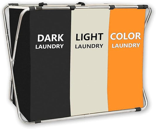 150L Laundry Cloth Hamper Sorter Basket Bin Foldable 3 Sections with stainless steel Frame Washing Storage Dirty Clothes Bag for Bathroom Bedroom Home Storage Basket (Black+yellow+grey)