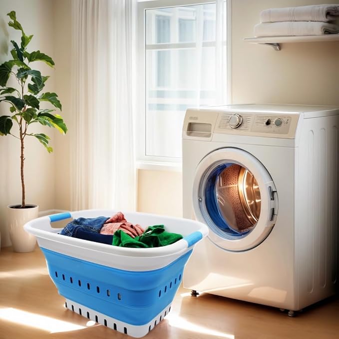 SAMMART 37L (9.77 gallon) Collapsible Plastic Laundry Basket - Foldable Pop Up Storage Container/Organizer - Space Saving Hamper/Basket (1, White/Marine Blue)