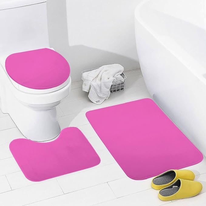 3 Pieces Bath Rug Sets, Bright Hot Pink Bathroom Mat Set Non Slip U Shaped Contour Rug & Toilet Lid Cover