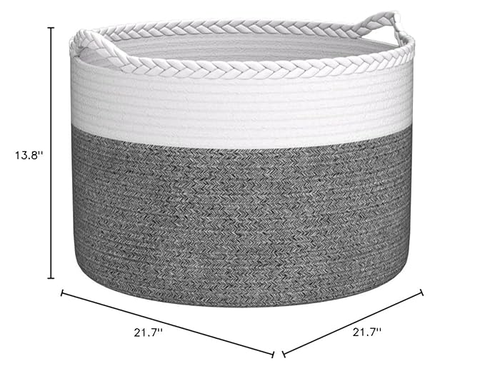 COMSE Extra Large Blanket Basket, Woven Laundry Basket, 21.7”x 13.8”, Nursery Hamper, Cotton Rope Laundry Hamper Living Room for Storage Toys Clothes Towels (White & Black)