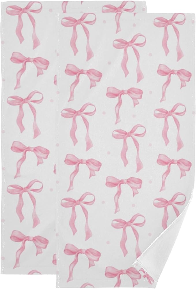 2 Pcs Cute Pink Bows Hand Towels for Bathroom,Soft Absorbent Decorative Watercolor Bowknot Kitchen Towels Aesthetic Girly Bow Pink White Guest Bathroom Towels for Bath,Face,Shower,Gym 14"x28"