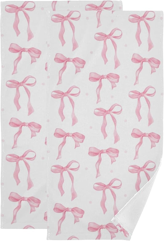 2 Pcs Cute Pink Bows Hand Towels for Bathroom,Soft Absorbent Decorative Watercolor Bowknot Kitchen Towels Aesthetic Girly Bow Pink White Guest Bathroom Towels for Bath,Face,Shower,Gym 14"x28"