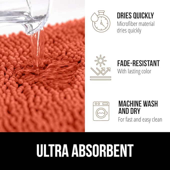 GORILLA GRIP Plush Absorbent Shaggy Chenille Bath Rug Mat for Square Toilet Base with Rubber Backing, Machine Washable Rugs, Soft Microfiber Contour Mats for Toilets, Bathroom Decor, Coral