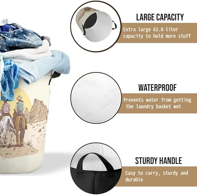 Western Cowboy Laundry Basket Room Décor Hamper Clothes Storage Bucket Toy Organizer Foldable Waterproof Bathroom Laundry Storage Bedroom Large