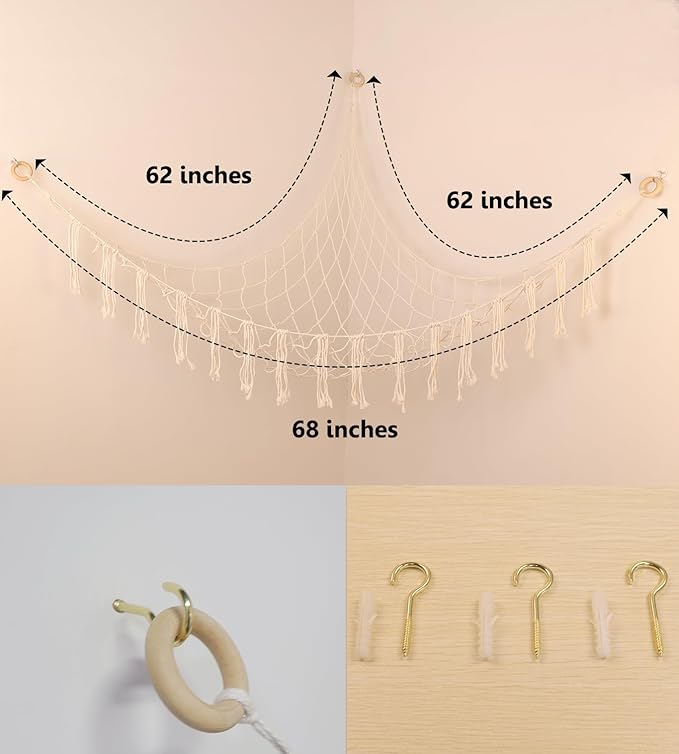 Stuffed Animal Storage Hammock or Net, Large Toy Hammock Net, Macrame Handmade Corner Hanging Plushie Net, Cute Boho Toy Organizer for Nursery, Playroom, Bedroom and Kids Room Decoration