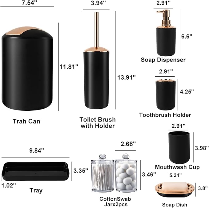 9 Pieces Black Bathroom Accessories Set, Gorgeous Bathroom Set, Trash Can, Toilet Brush, Soap Dispenser and Toothbrush Holder, Soap Dish, Tumber, Qtip Holder, Tray, Sink Countertop Set Decor